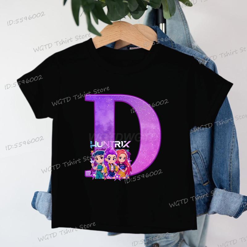 Clothes Child Girl KPop Demon Hunters Letters T-shirt for Children Cartoon Girls Boys Cotton Tee A-Z 26 Alphabet Kids Clothes