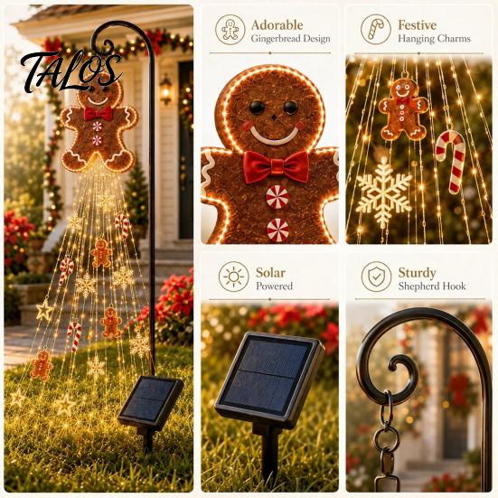 Outdoor Gingerbread Man Lights Solar Garden Light, Waterproof Yard Light with Warm Christmas Stakes Waterfall LED, Pathway Stake Lamp for Lawn