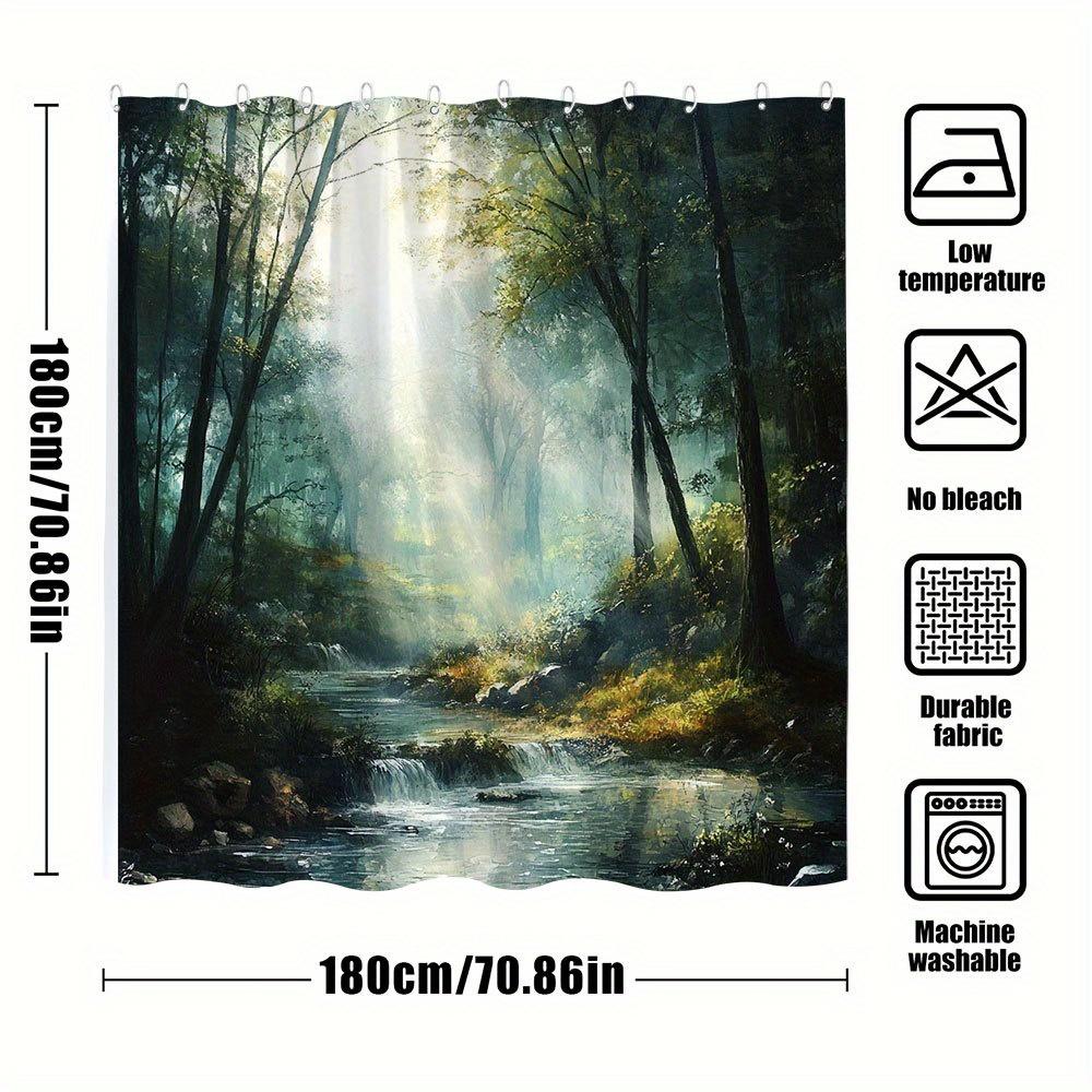 1Pc Enchanted Forest Bath Curtain - Sunlit Stream & Golden Waterfall With Mossy Rocks, 70.86X70.86 Inches, 12 Hooks Included,