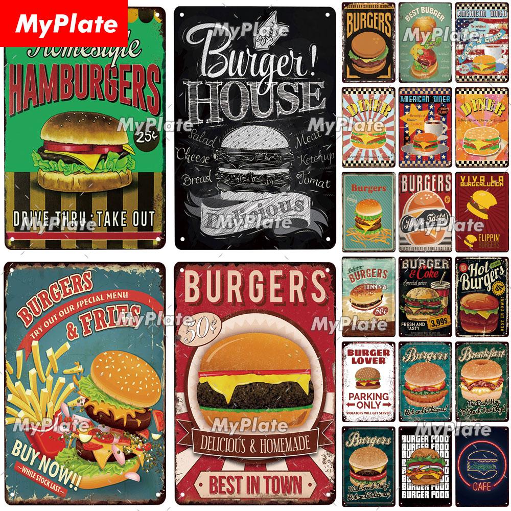 

[MyPlate] Бургер и картофель фри Металлическая табличка Металлическая винтажная жестяная вывеска Настенный декор для Club Man Cave Bar Украшение Жестяная тарелка