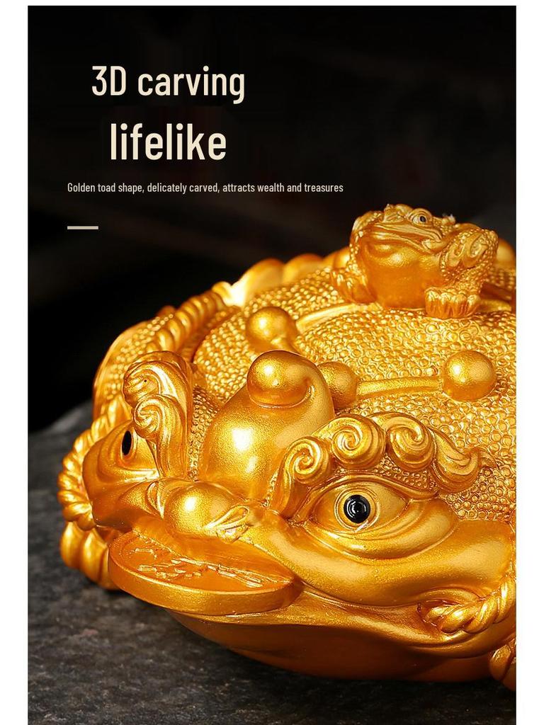 Golden Toad Resin Ashtray with Lid - Chinese Style Ornament for Home, Office, or Tea Table