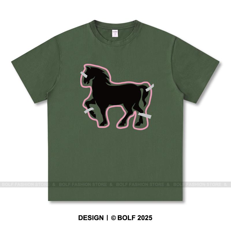 Women's Paper-Cut Art Horse Printed T-Shirt 100% Cotton Oversized Folk Graphic Tees for Men Summer Tops Cultural Streetwear