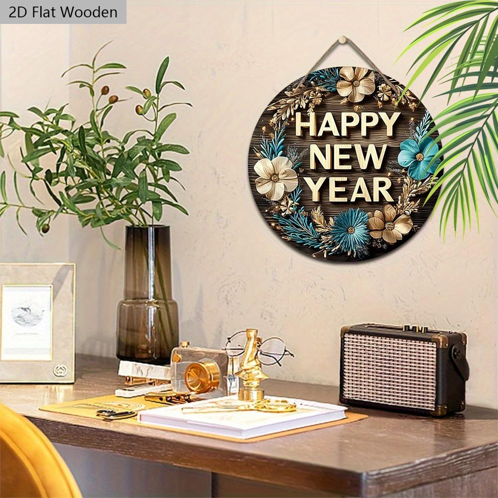 Artistic Happy New Year Wooden Sign - Wreath Round Sign for Front Door, Wall Hanging Decor - Ideal Festival Ornament
