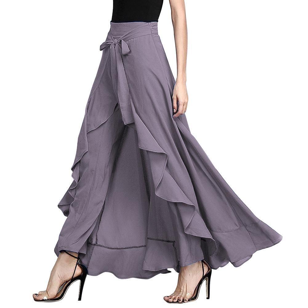 Ankle Women Length Chiffon Tiewaist Ruffle Color Long Palazzo Pure Pants