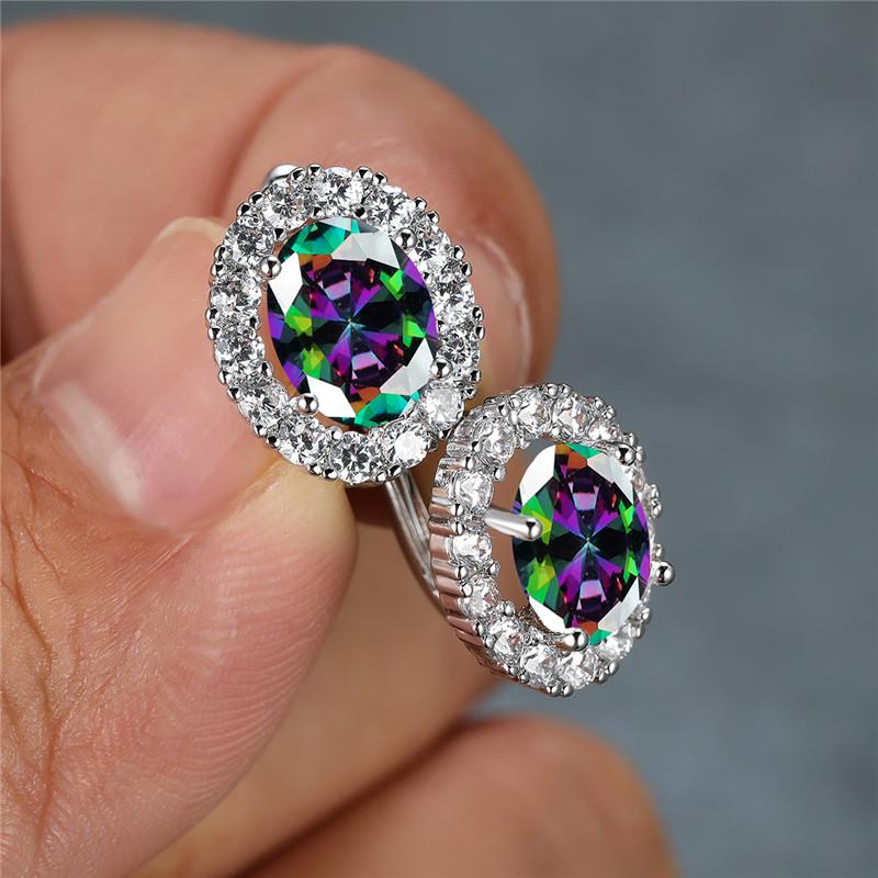 Luxury Crystal Yellow Oval Stone Earrings Multicolor Zircon Small Hoop Earrings Classic Silver Color Wedding Earrings For Women
