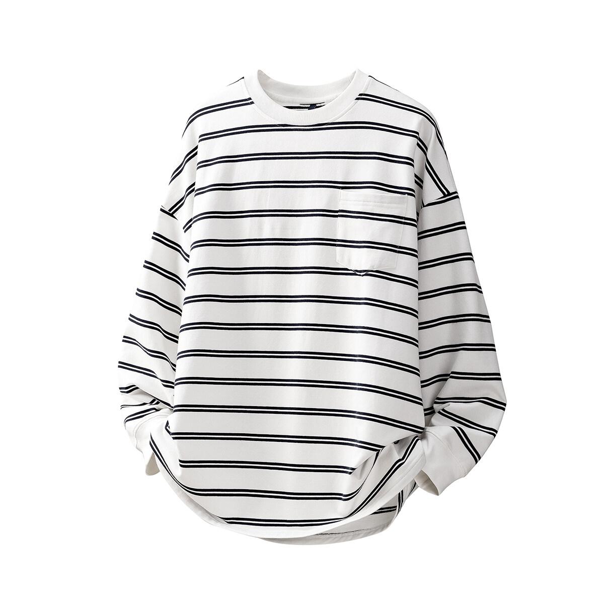 

2026 Spring Autumn Men Long Sleeve Striped T Shirts Men Casual Round Neck T-Shirts Male White Tops Tees Man Oversize T-Shirt M белый