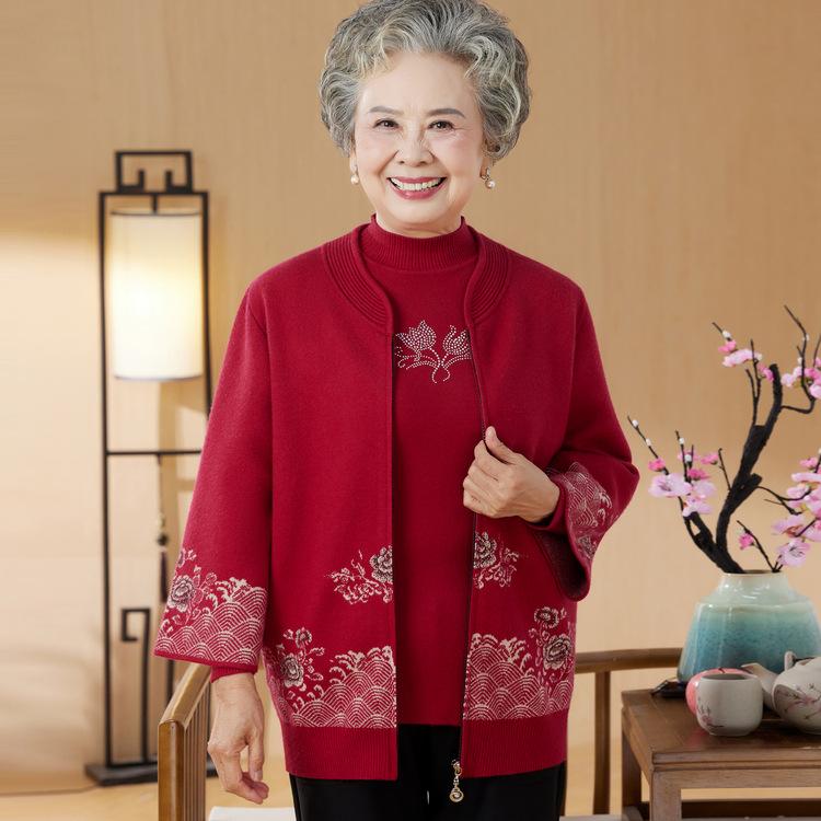 

Зимний топ вязаный фальшивый двойка одежда для женщин среднего и пожилого возраста осенняя одежда свекрови модный кардиган куртка XL