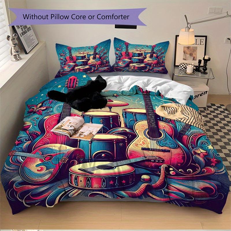 3pcs Music Instruments Bedding Cover Set, Fashion Classic Popular Print Bedding Set, Soft Comfortable, All - Season Use, For Bedroom, Guest Room127