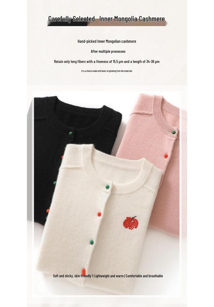 Women's 100% Pure Cashmere Cardigan with Colored Buttons, Round Neck, and Fruit Embroidery.