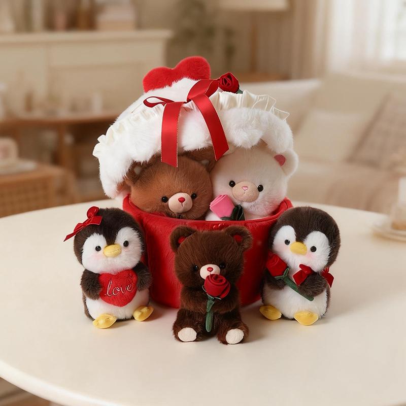 Fun Animal Cake Plush Doll Pillow Rose Siamese Cat Penguin Bear Combination Cookie Plush Toy Home Decor Valentine'S Day Gift