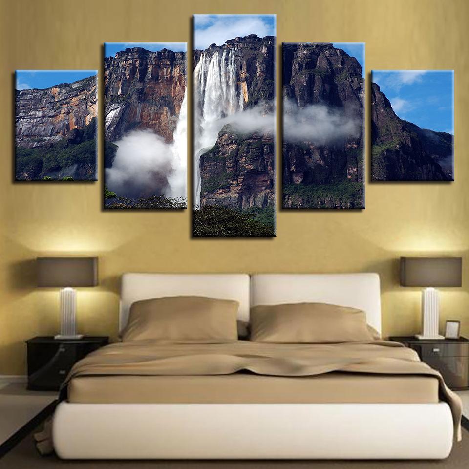 Wall Art Decor Home Room Modern Pictures 5 Pieces High Mountain Waterfall Landscape Modular Canvas Paintings HD Prints Framework