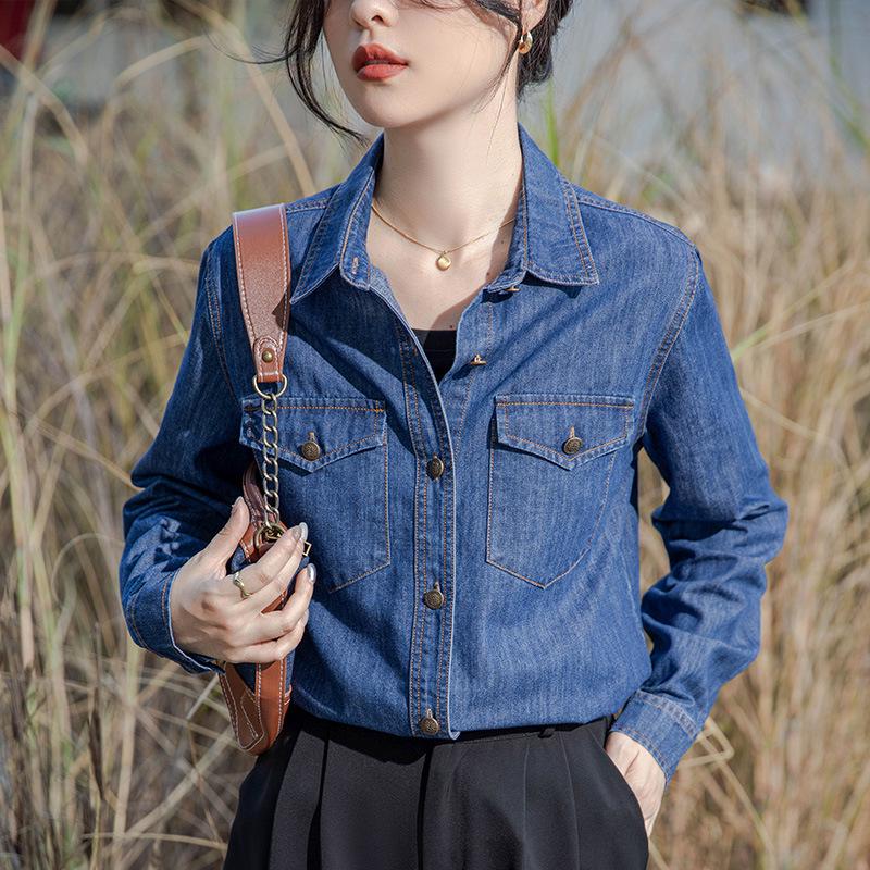 

Женская ретро рубашка из голубого денима свободного кроя – в гонконгском стиле, с длинным рукавом, универсальный многослойный дизайн для весны и осени 2025. Large темно-синий