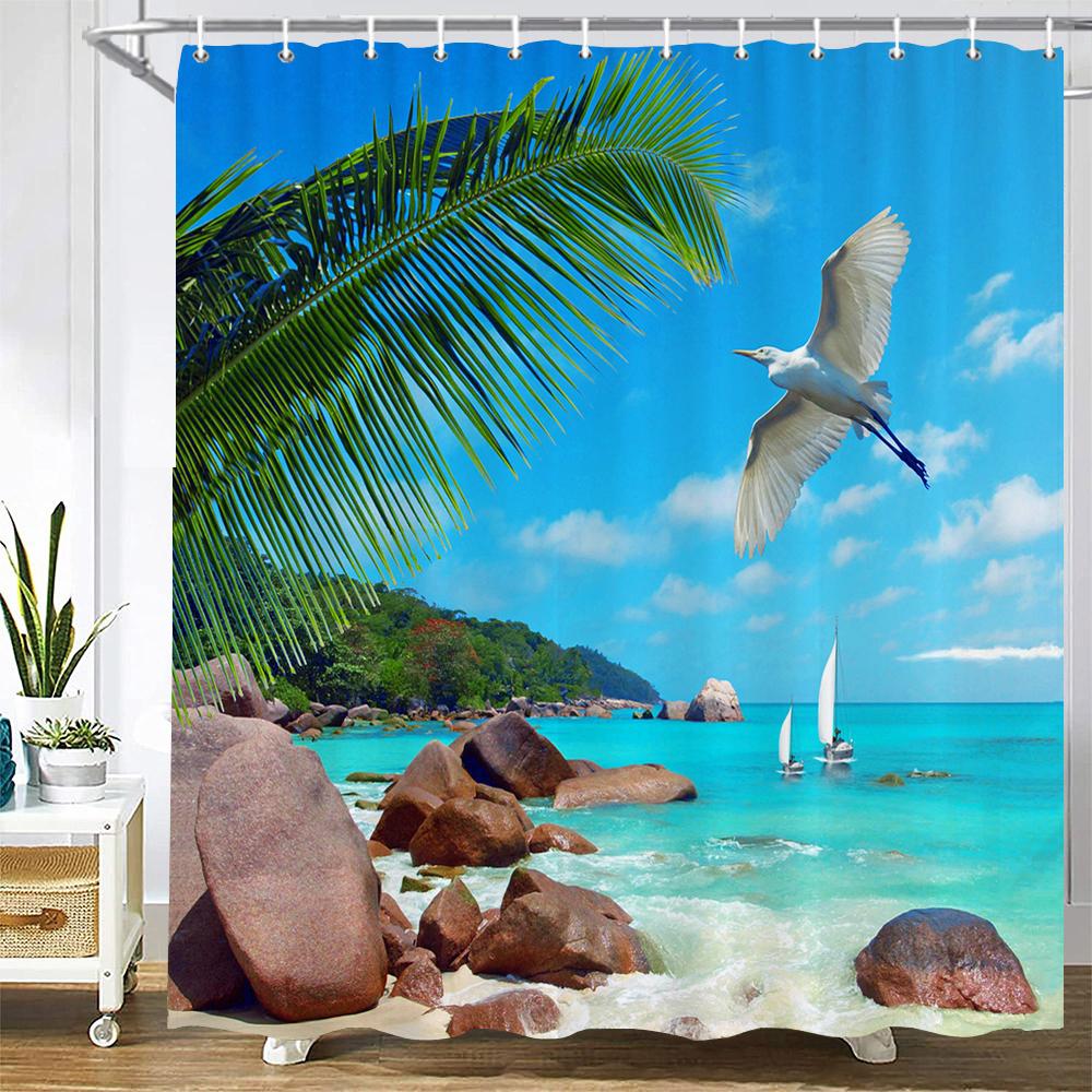 3D Seascape Beach Printed Fabric Shower Curtains Bathroom Curtain Bath Screen Waterproof Products Home Decor With Hooks