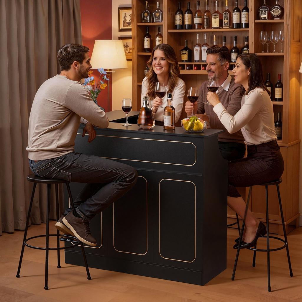 Home Bar Unit, L-Shaped Wine Bar Cabinet Table 4-Tier with Storage Shelves, Wine Glass Holder, 136 Kg Max Capacity, Wood Liquor Cabinet for Home,