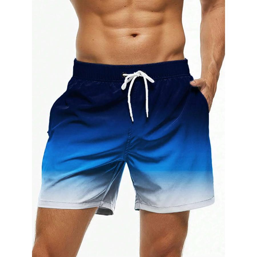 Men's Beach Shorts Gradient Color Block Drawstring Summer Men's Swim Trunks Elastic Waist 3D Print Breathable Short Streetwear