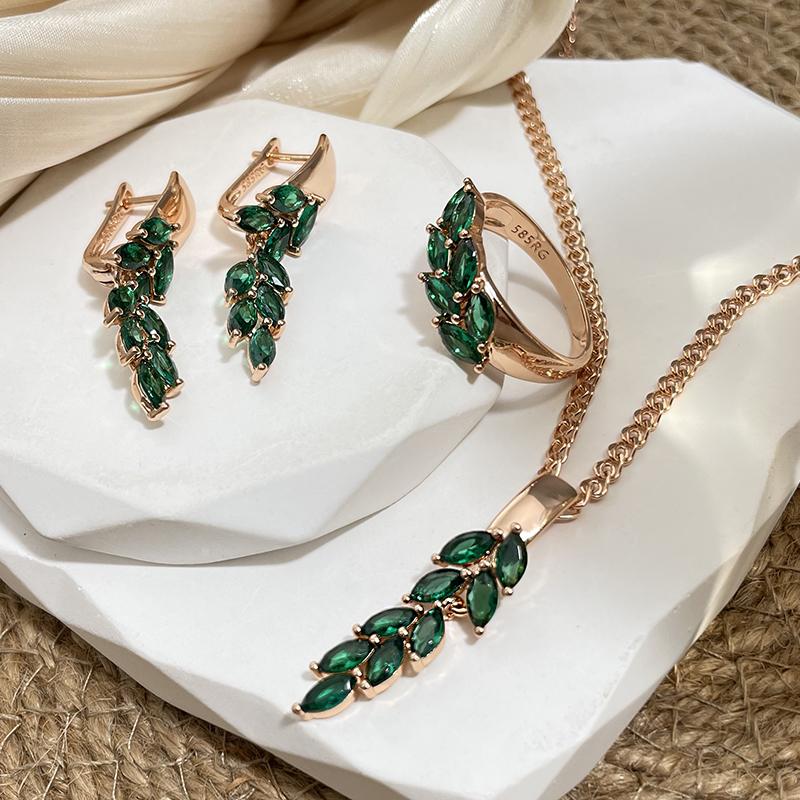 Vintage Green Zircon Leaf Pendant Necklace Rose Gold Color Luxury Dangle Necklace For Women Gift