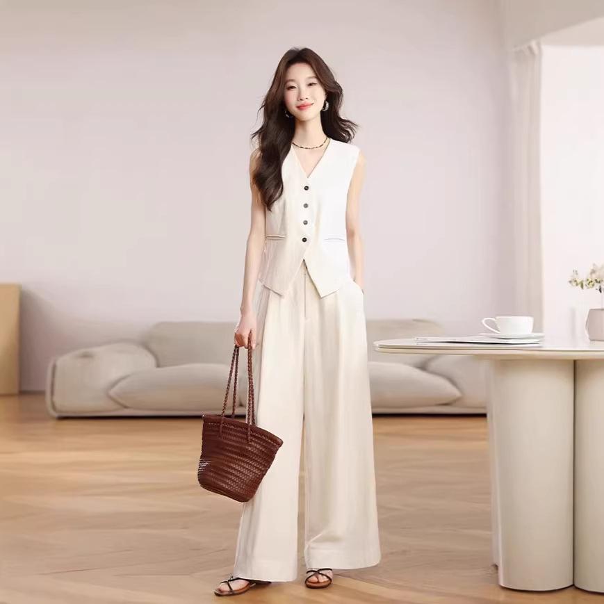 High-End Women s French Style Summer Suit Set: Vest & Wide-Leg Pants S