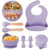 Silikon-Baby-Fütterset, 8 Teile, inklusive Saugnapf, Schüssel, Lätzchen, Löffel, Gabel und Trinklernbecher