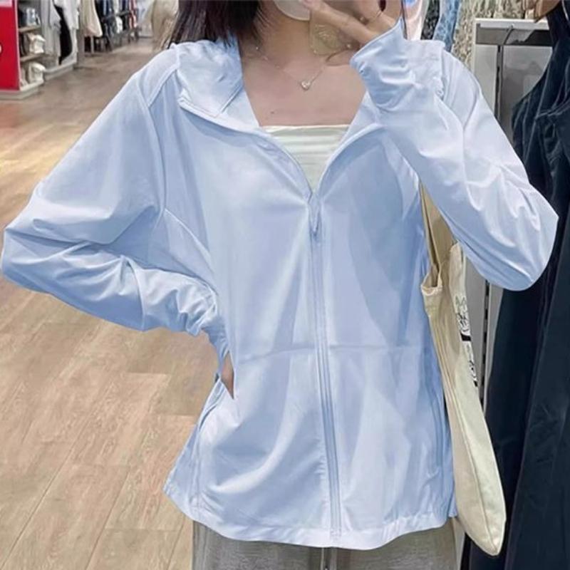 Summer Women Ice Silk Solid Sun Protection Jacket Thin Fashion Zipper Hooded Coat Versatile Loose-Fit Breathable Cardigan