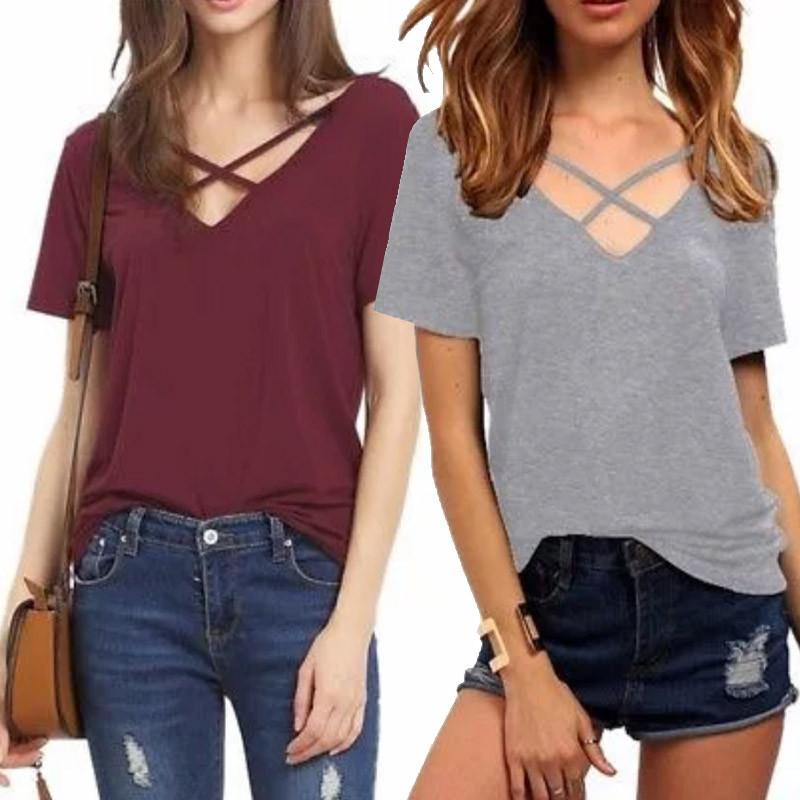 Stylowy Bawełniany T-shirt Damski Plus Size z Dekoltem V, Krótkim Rękawem, Luźnym Krój