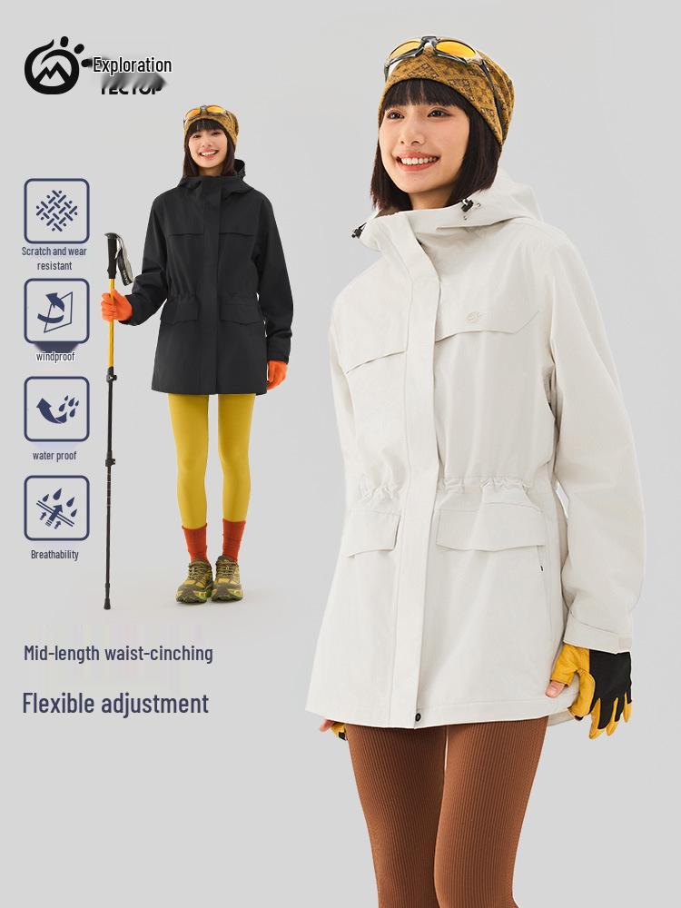 Women's Slimming Mid-length Hooded Jacket - Plus Velvet, Warm, Breathable, Windproof, Waterproof for Winter Outdoor Mountaineering.