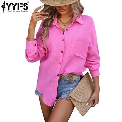 Women's Fashion Casual Spring Fall Solid Color Print Long Sleeve POLO Neck Blouses & Shirts
