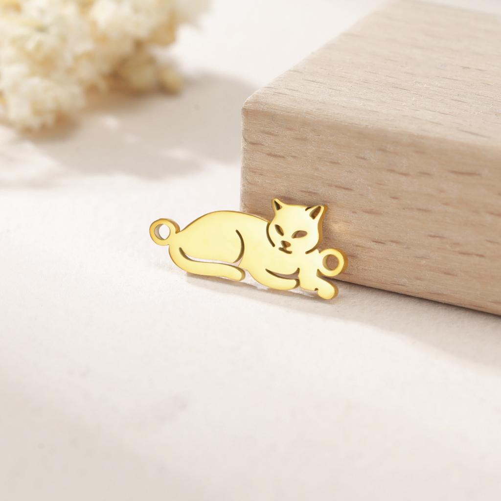 Teamer 3pcs/lot Cute Moon Cat DIY Pendant for Bracelets Gold Color Stainless Steel Kitten Animal Charms for Jewelry Making