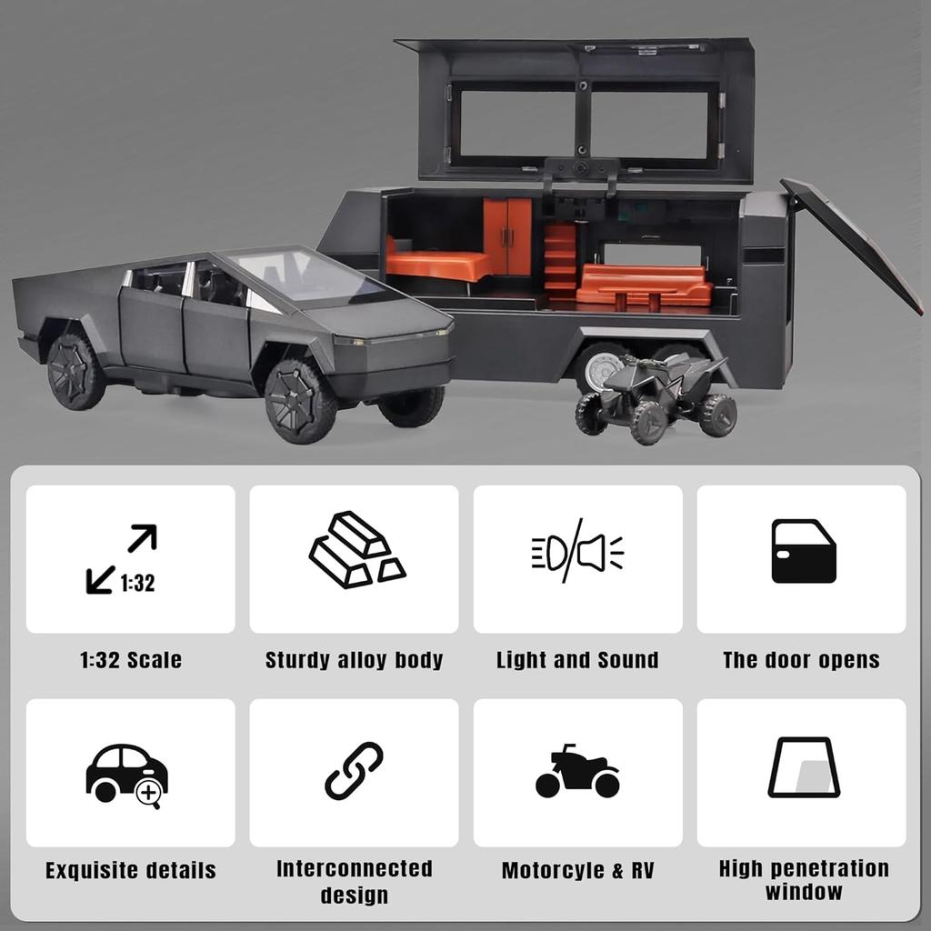 1/32 Pickup Trailer RV Model Kit, Car Model Diecast Metal Toy,Truck Model Simulation Sound Light,Toy Trucks with RV Motor,Best Gift for Kids or Model