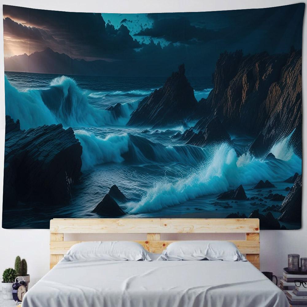 Sea Night Scene Tapestry Wall Hanging Psychedelic Hippie Decoration Background Wall Poster Living Room Home Art Decoration