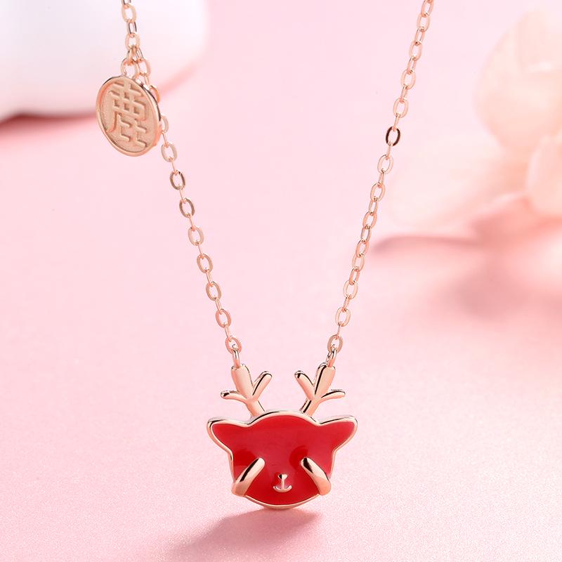 

Women s Pure Silver Antler Necklace with Color-Changing Pendant - Versatile National Tide Style, Perfect for Holidays B308-Rose Gold Necklace