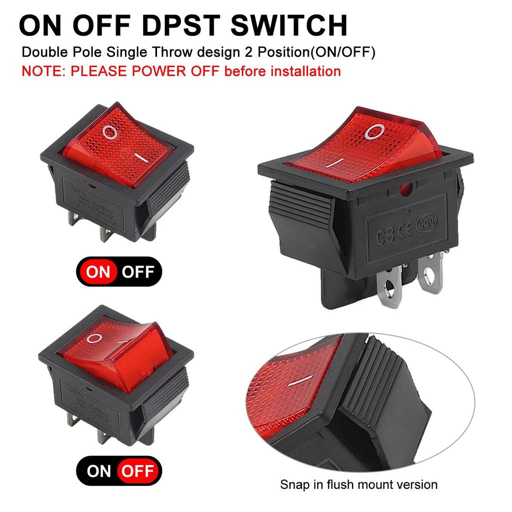 10pcs 15/30A 250V KCD2 KCD4 Rocker Switch DPST 4 Pin Red Lighted 120V Rocker Toggle Switch ON Off Heavy Duty