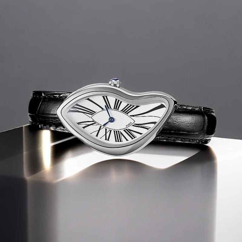 PINTIME Średniowieczne Zegarki Obcych Rozpadają Się Topią i Skręcają Y2K Męski Retro Skórzany Pasek Moda Zaawansowany Niszowy Design Zegarek Kwarcowy