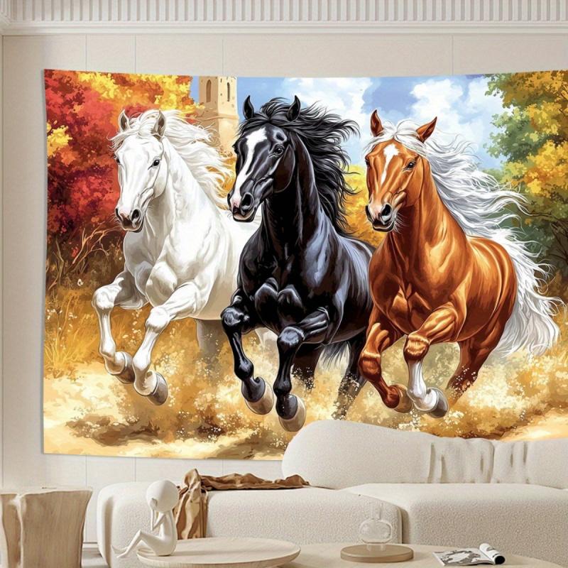 VIKAMA Tri-Color Galloping Horses Tapestry Dynamic Autumn Forest Art Wall Hanging Living Room & Bedroom Feature Wall Decor