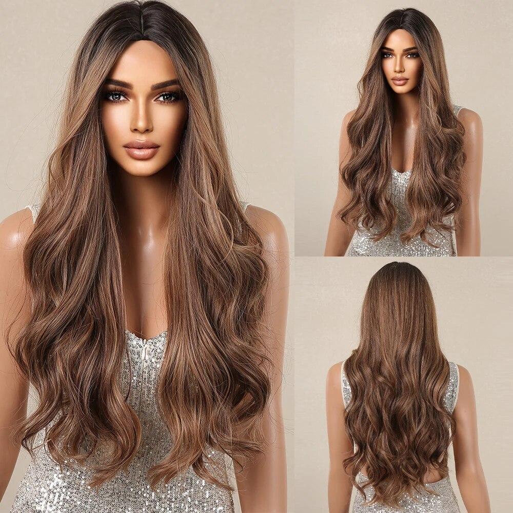 Long Water Wave Synthetic Wigs with Bangs Natural Ginger Brown Loose Curly Wavy Wig for Black White Women Heat Resistant Daily