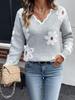Women's Olive Green V-Neck Sweater with 3D Floral Appliques and Fuzzy Trim