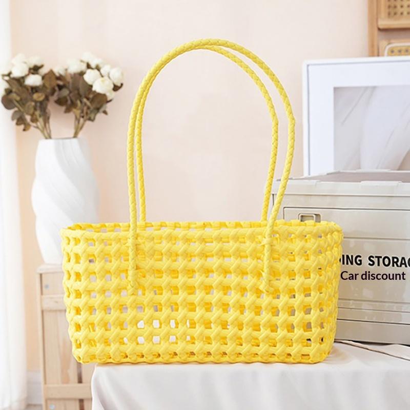 Handgefertigte Plastik-Hohlgeflecht-Tasche Landhausstil Große Kapazität Strand-Tragetasche Eimer-Tasche Damen-Handtasche Sommer-Strandtasche