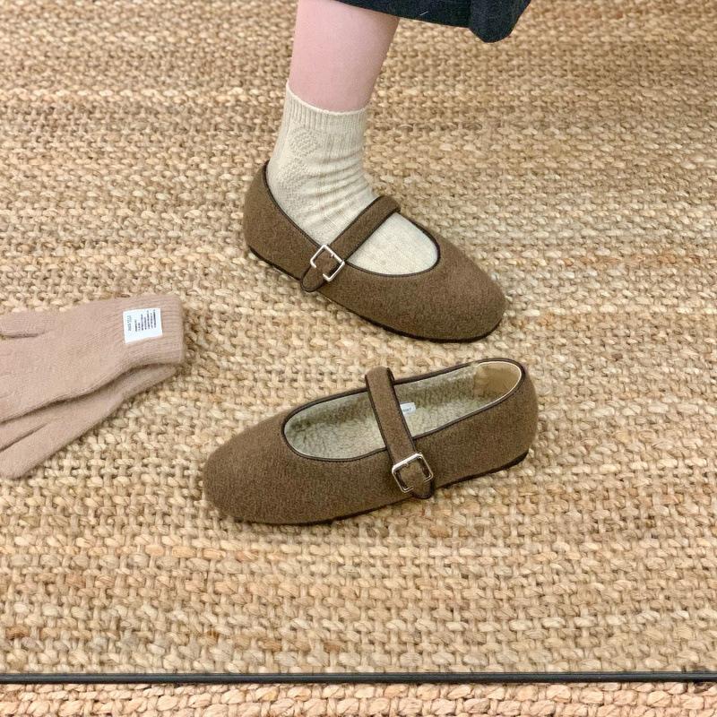 Happyfeeling retro velvet one-word with fluffy shoes women's 2025 Mary Jane single shoes warm cotton shoes