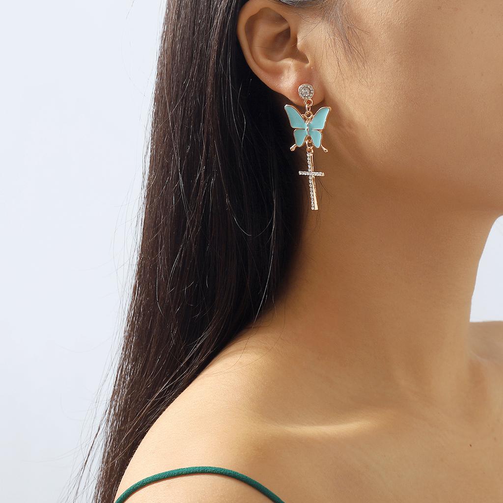 Sparkling Butterfly Drop Earrings with Tassels and Rhinestones