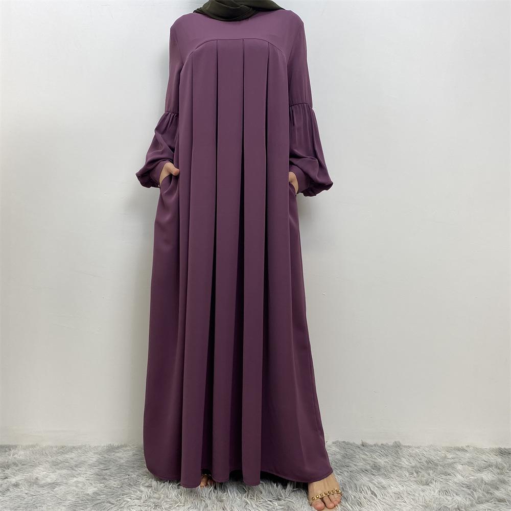 Summer Pleated Solid Color Muslim Abaya with Pockets
