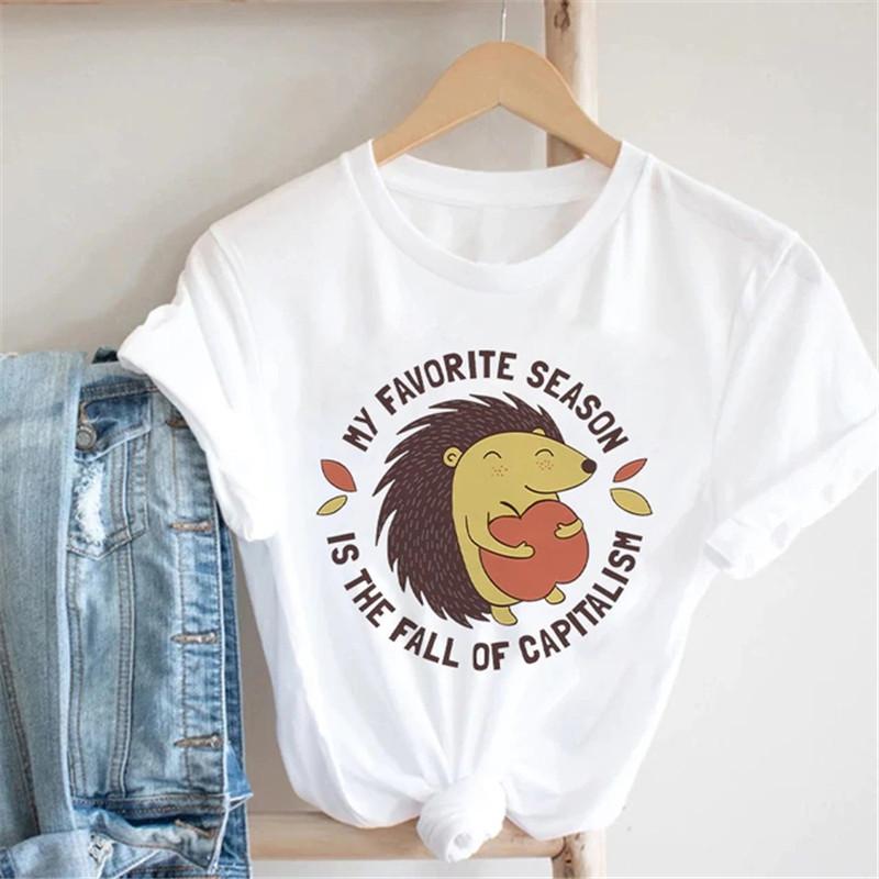 Pink Women Tshirts Casual Cute Cartoon Hedgehog Floral Graphic Print Female Tee Tops Harajuku Fashion Short Sleeve T Shirt Femme
