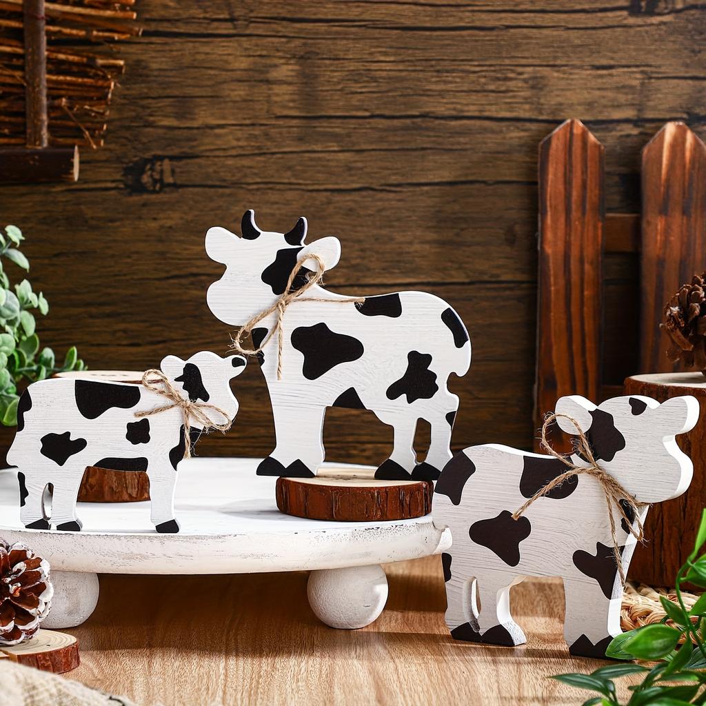 Set of 3 Handcrafted Wooden Cow Figurines - Rustic Farmhouse Style Tabletop Decorations,for Home & Office