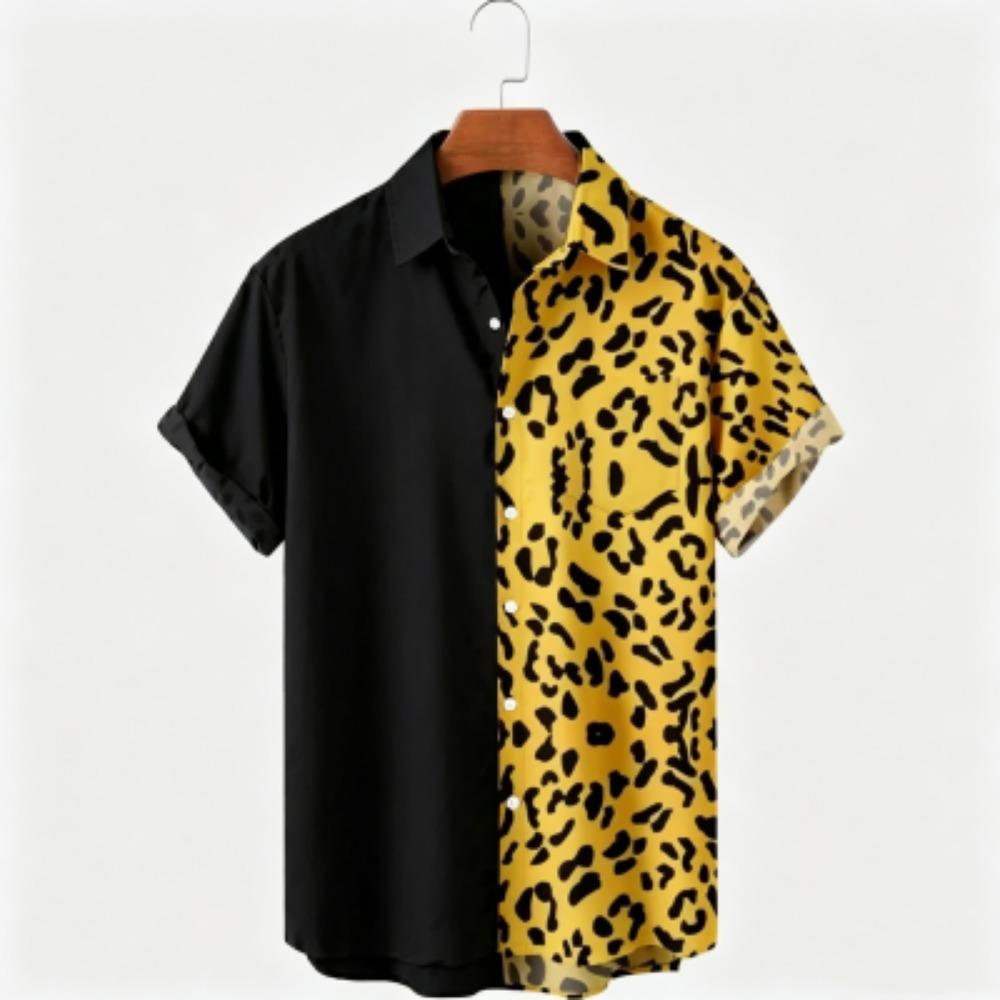 Camicia Estiva Bicolore con Stampa Leopardo Abbigliamento da Vacanza Hawaiana Moda Maschile Camicia Stile Spiaggia Camicia Quotidiana da Uomo e Donna