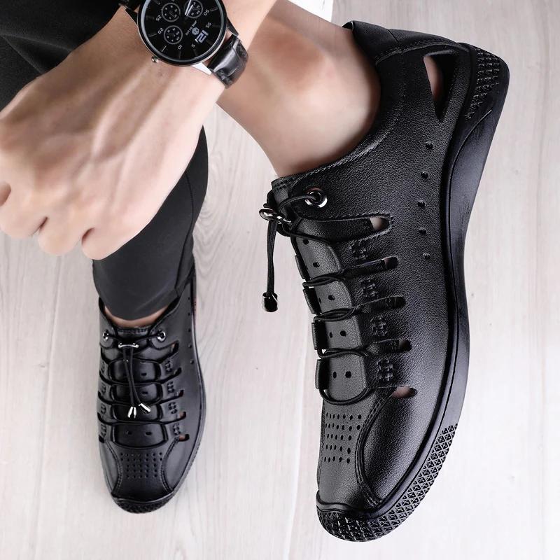Summer New White Leather Hollow Out Sandals Breathable Comfort Men Beach Shoes Fashion Soft Sole Male Flat Casual Leather Loafer