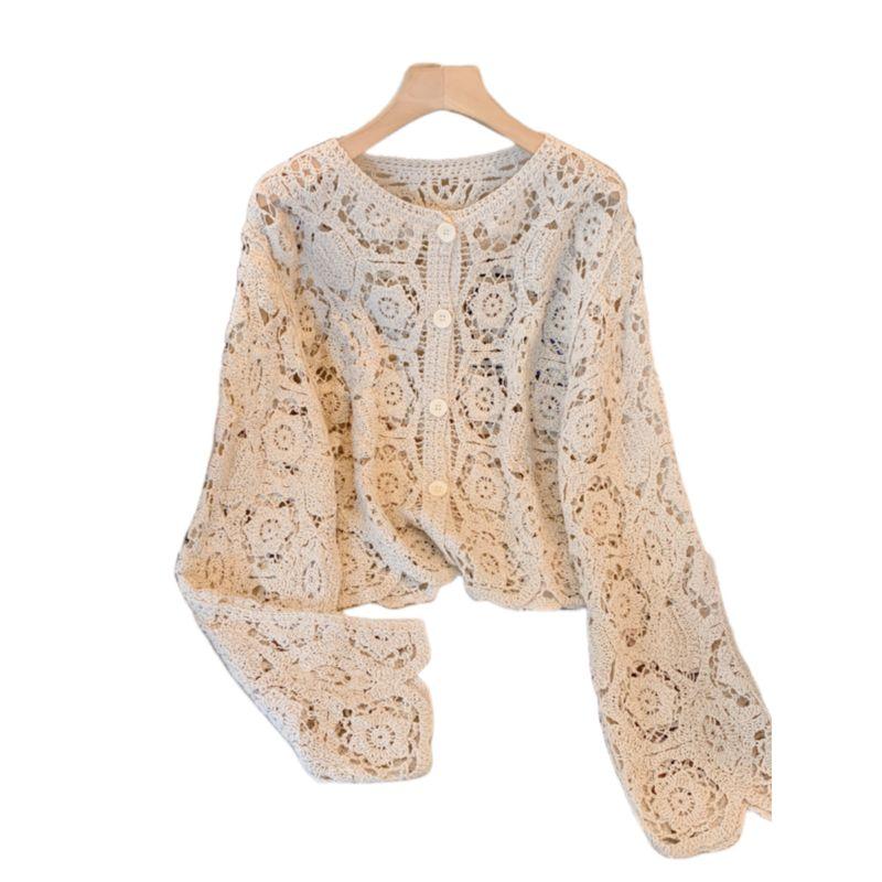 Autumn New European Plus Size Women Clothing Round Neck Single-Breasted Crochet Embroidered Hollow Long Sleeve Cover Up Vacation Sun Protection Shirt