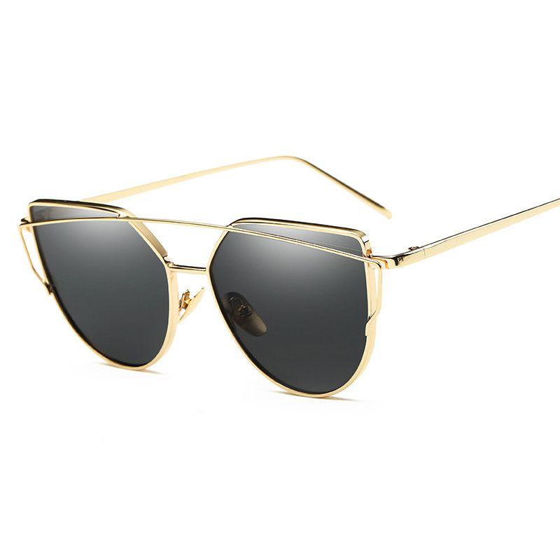 

Stylish And Chic Women Ladies Retro Cat Eye Sunglasses Featuring Reflective Fashion Design #8 Gold Gray