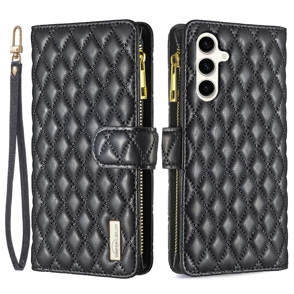 

BINFEN COLOR BF Style-15 For Samsung Galaxy S24 FE Case PU Leather Zipper Pocket Phone Cover Black