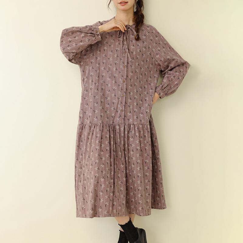 Sweet Mori Girl Floral Lace-Up Long Sleeve Slimming Dress One Size фиолетовый