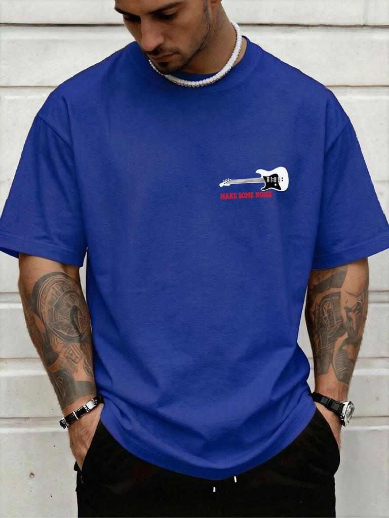 Electric Guitar Make Some Noise Chest Small Graphic Art Print Unisexs Crew Neck Short Sleeve Tee Casual Daily Soft Basic Wear Top