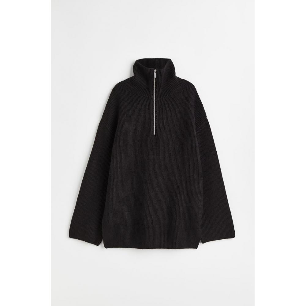 

H M Zip Top Rib Knit Sweater Black