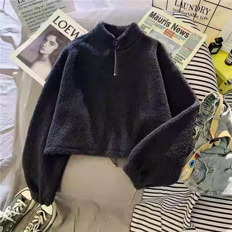 Real lamb wool short semi-turtleneck sweater women's fleece thickened loose autumn and winter zipper top jacket
